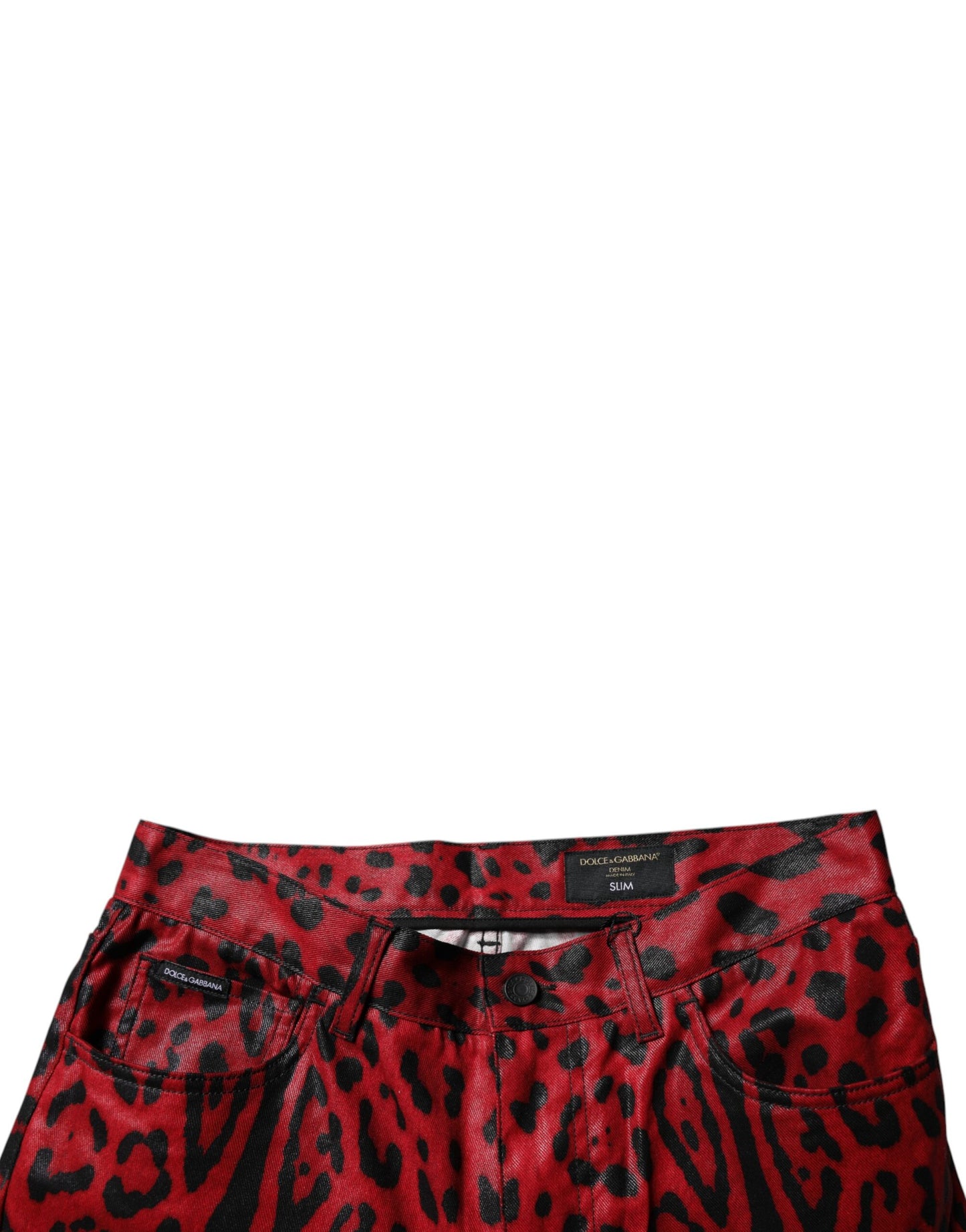 Dolce & Gabbana Red Leopard Cotton Slim Fit Denim Jeans