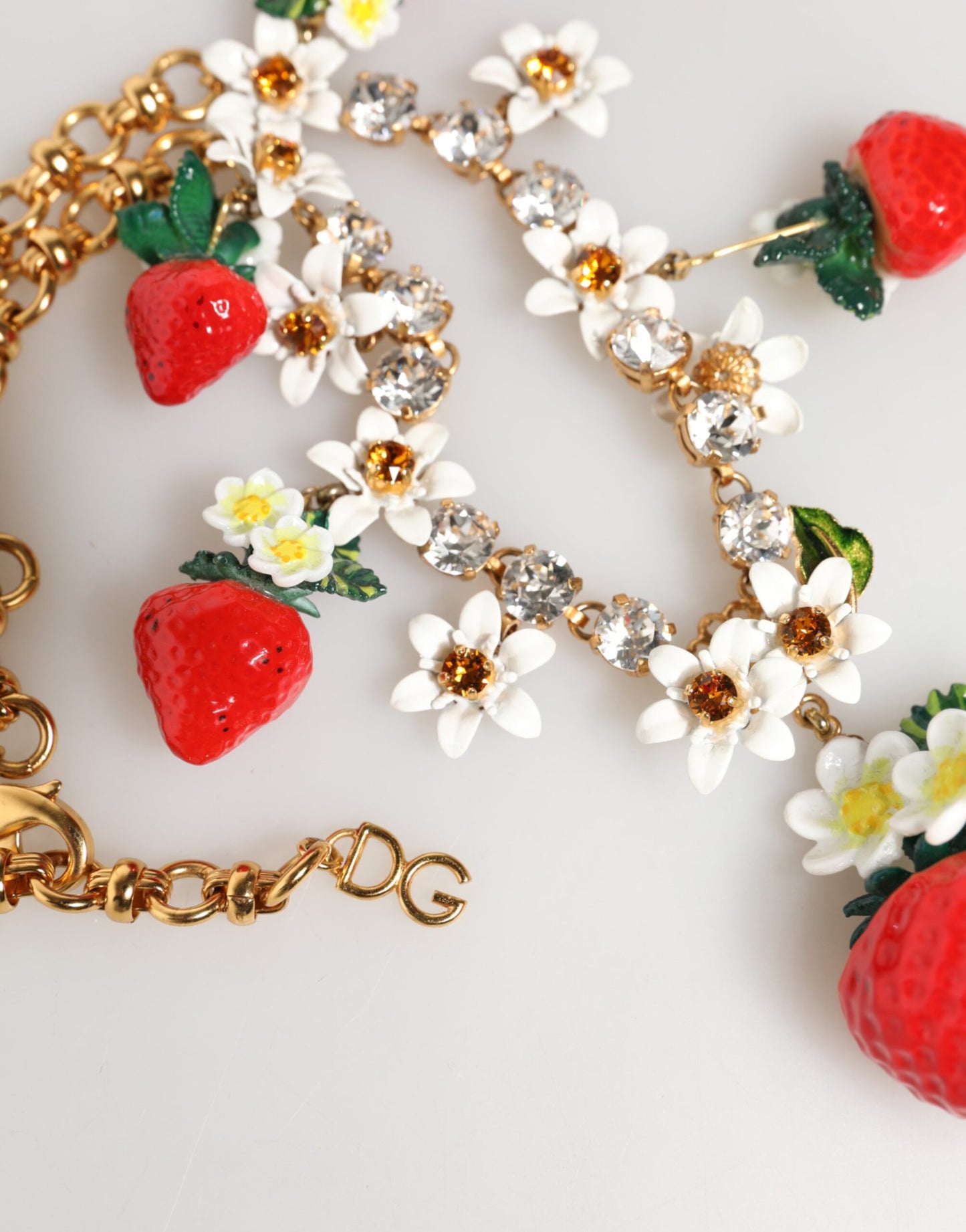 Dolce & Gabbana Gold Brass FRUIT Pendants Flowers Crystal Logo Necklace