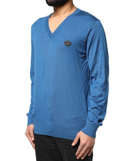 Dolce & Gabbana Blue Cashmere Crown V-neck Pullover Sweater