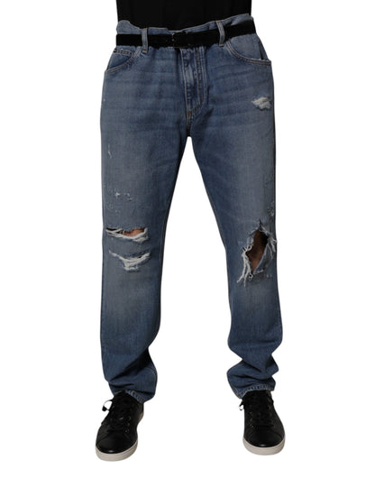 Dolce & Gabbana Blue Tattered Cotton Straight Denim Jeans