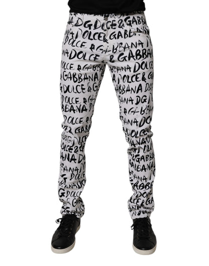 Dolce & Gabbana White Cotton Logo Print Skinny Denim Jeans