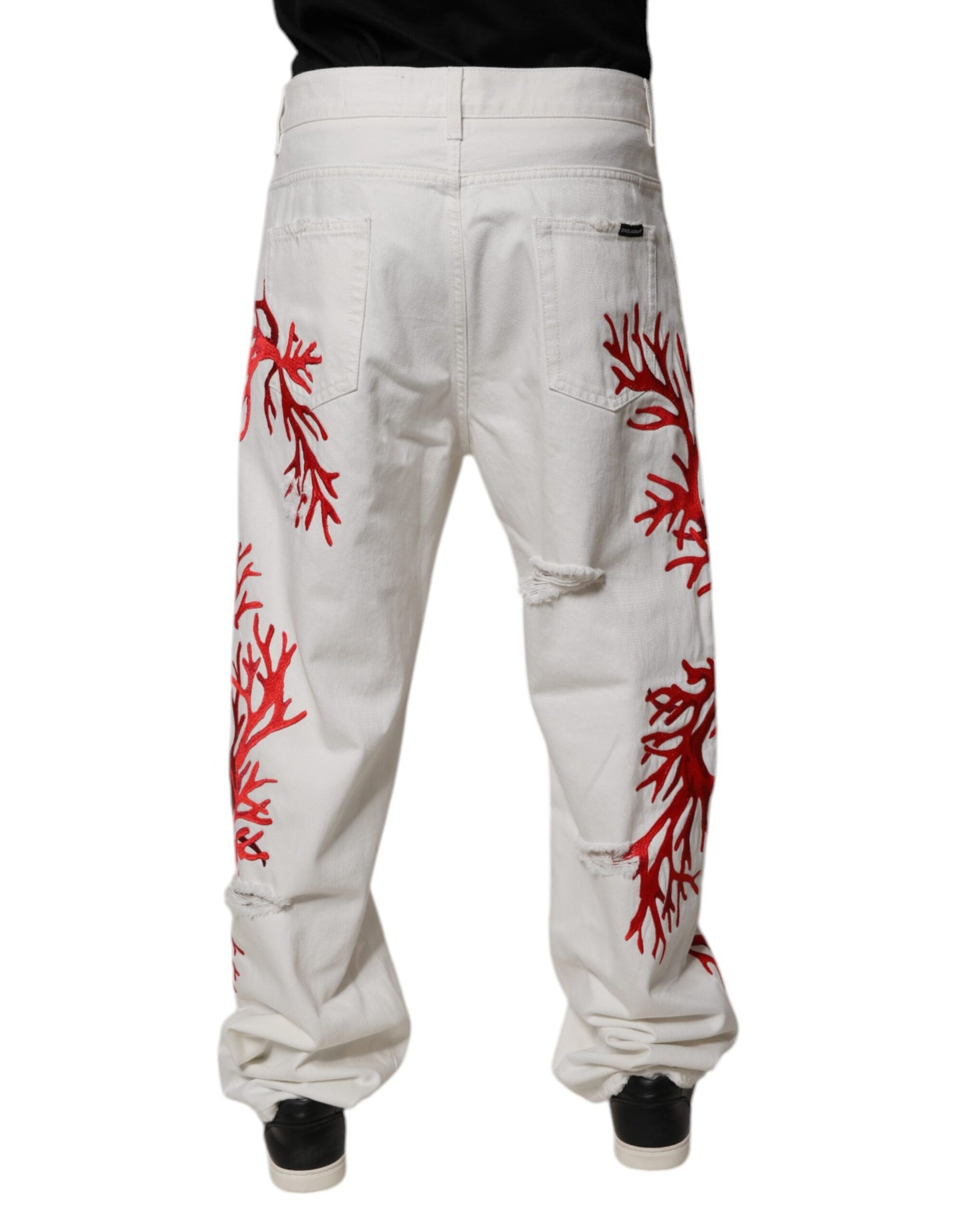 Dolce & Gabbana White Corals Tattered Straight Denim Jeans