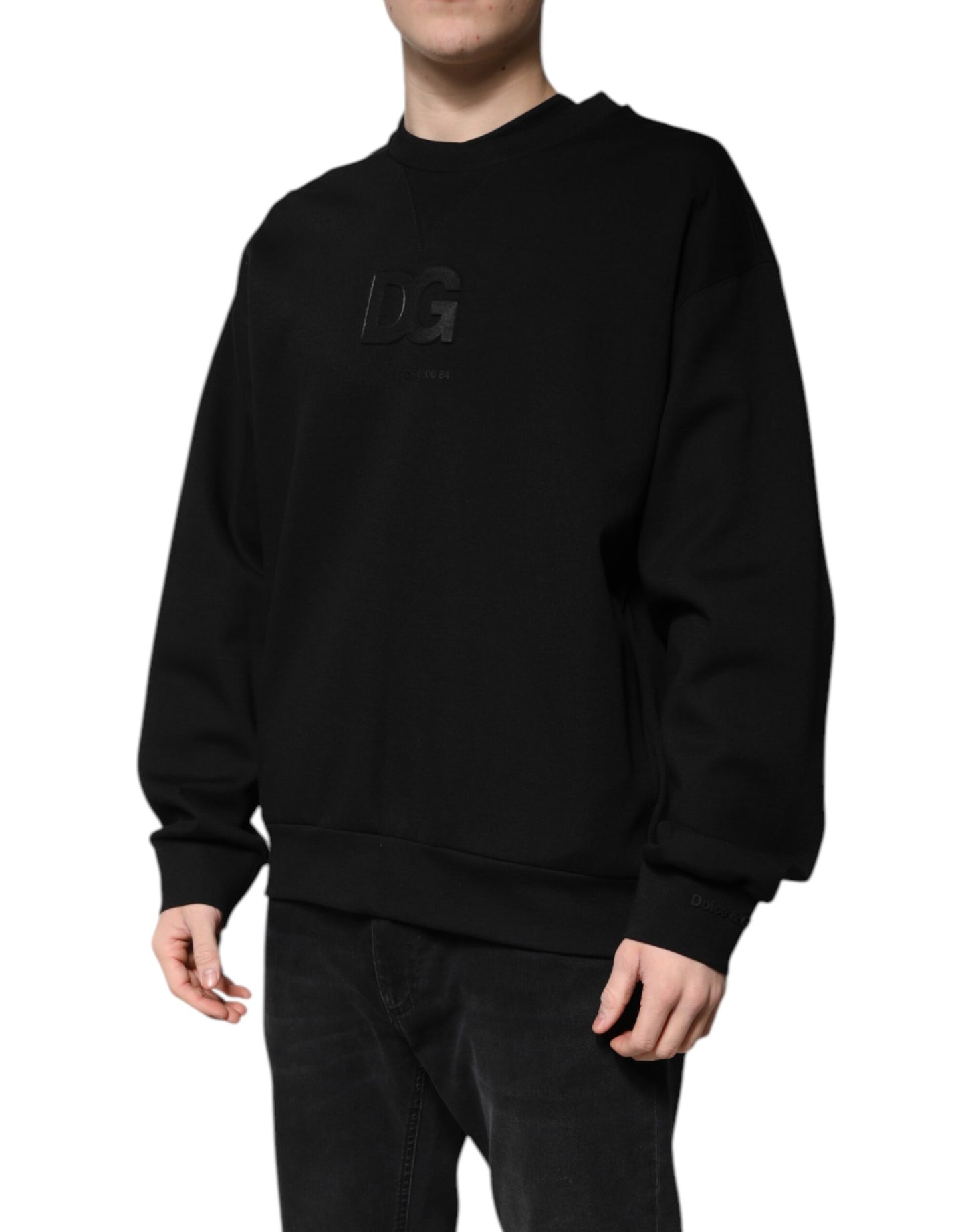 Dolce & Gabbana Black Cotton DG Crew Neck Pullover Sweater
