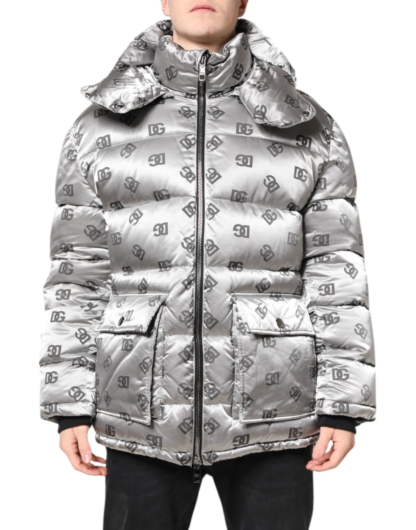 Dolce & Gabbana Silver Logo Full Zip Hooded Quilted Jacket