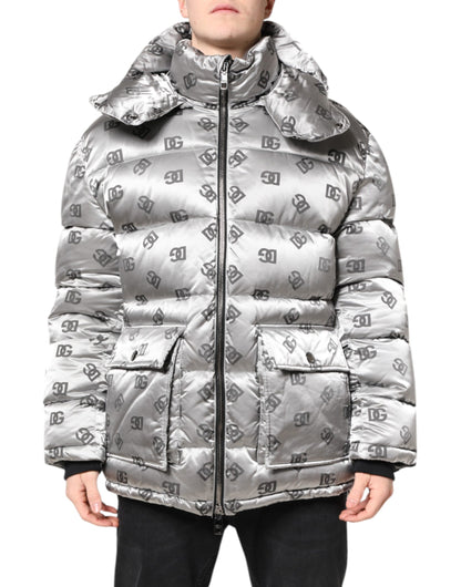 Dolce & Gabbana Silver Logo Full Zip Hooded Quilted Jacket