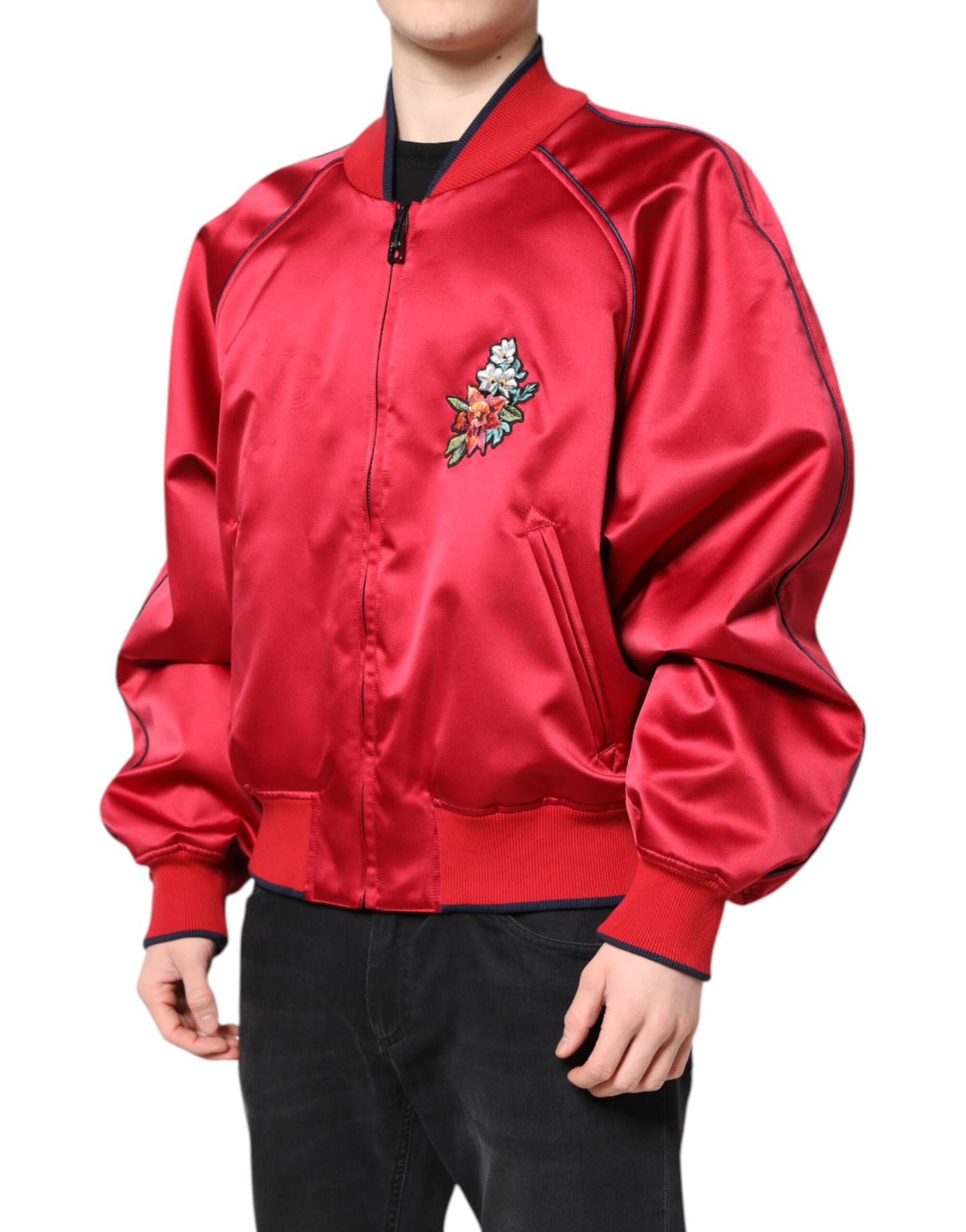 Dolce & Gabbana Red Floral Patch Full Zip Men Bomber Jacket