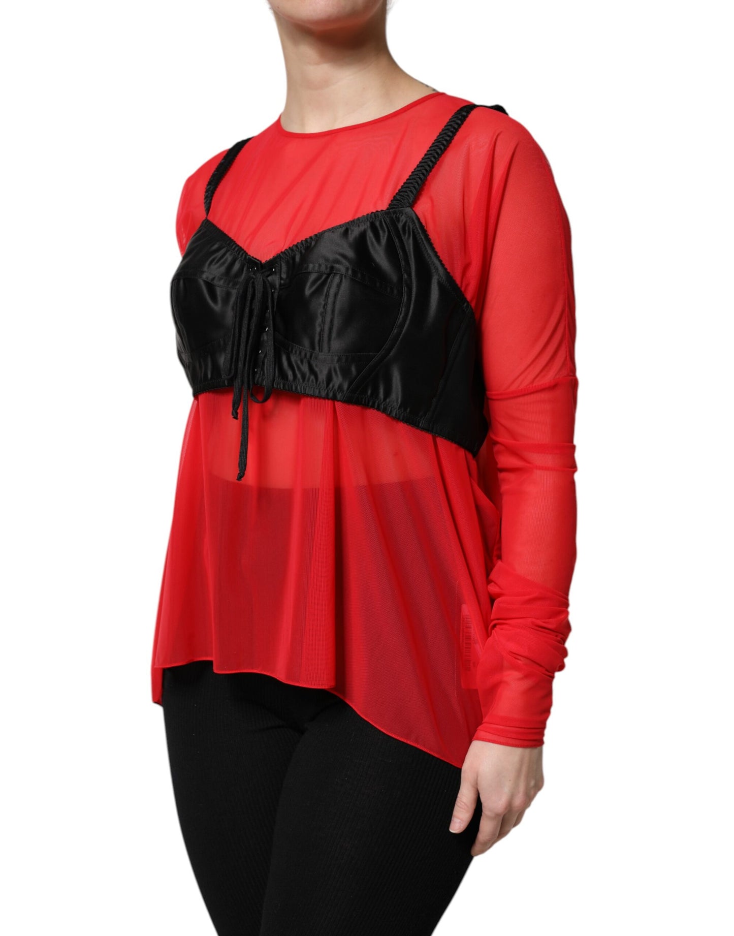 Dolce & Gabbana Red Black Bustier Detailing Long Sleeves Top