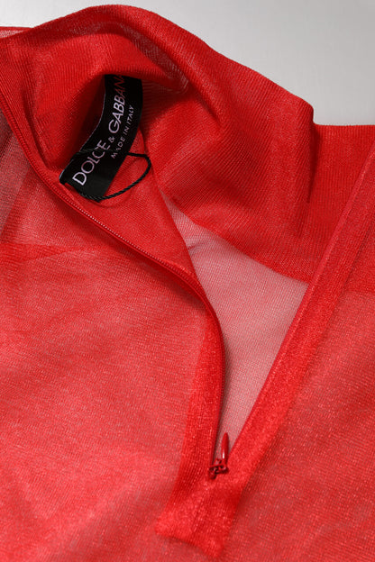 Dolce & Gabbana Red Tulle Turtleneck Long Sleeve Blouse Top