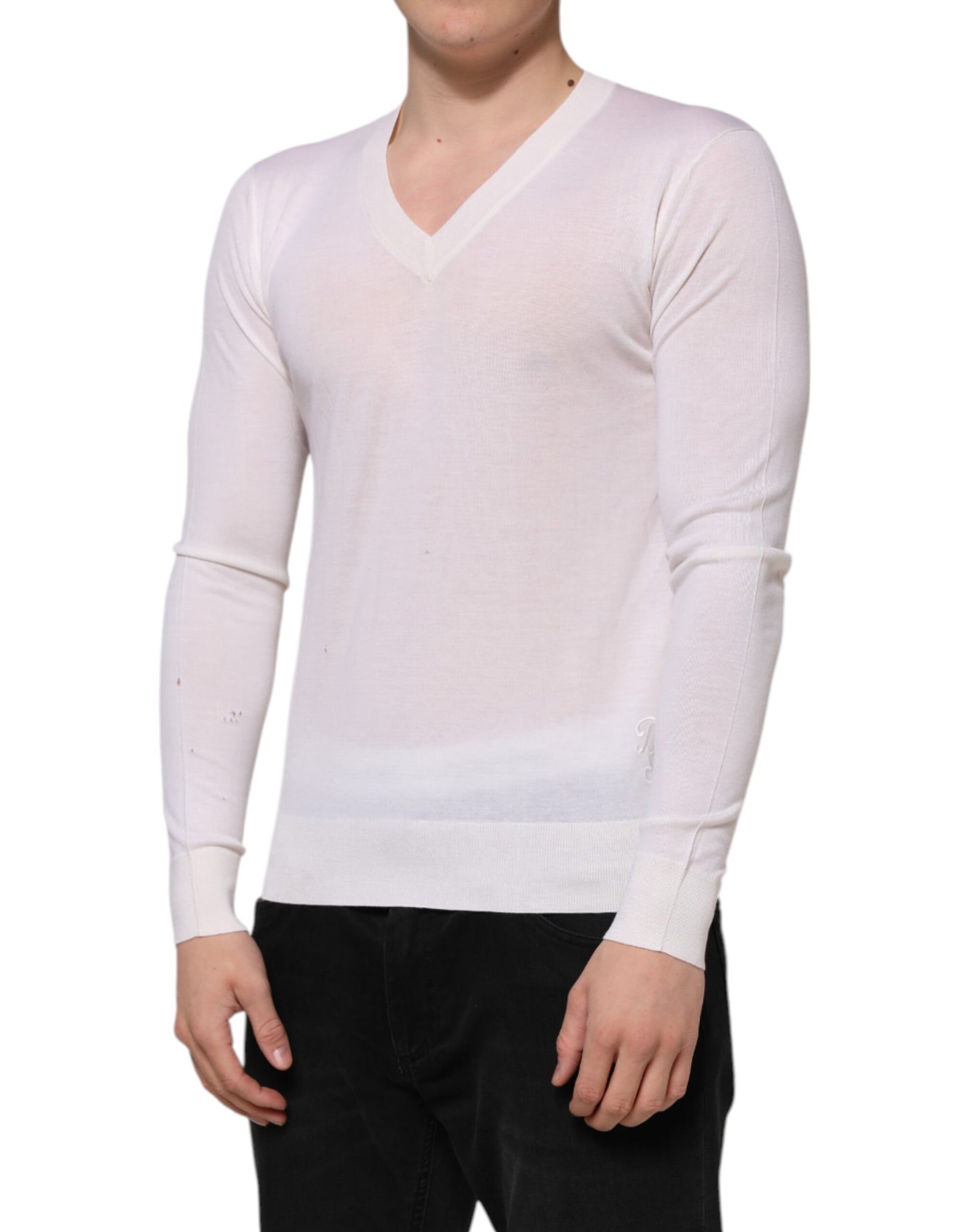 Dolce & Gabbana White Cashmere Logo V-neck Pullover Sweater