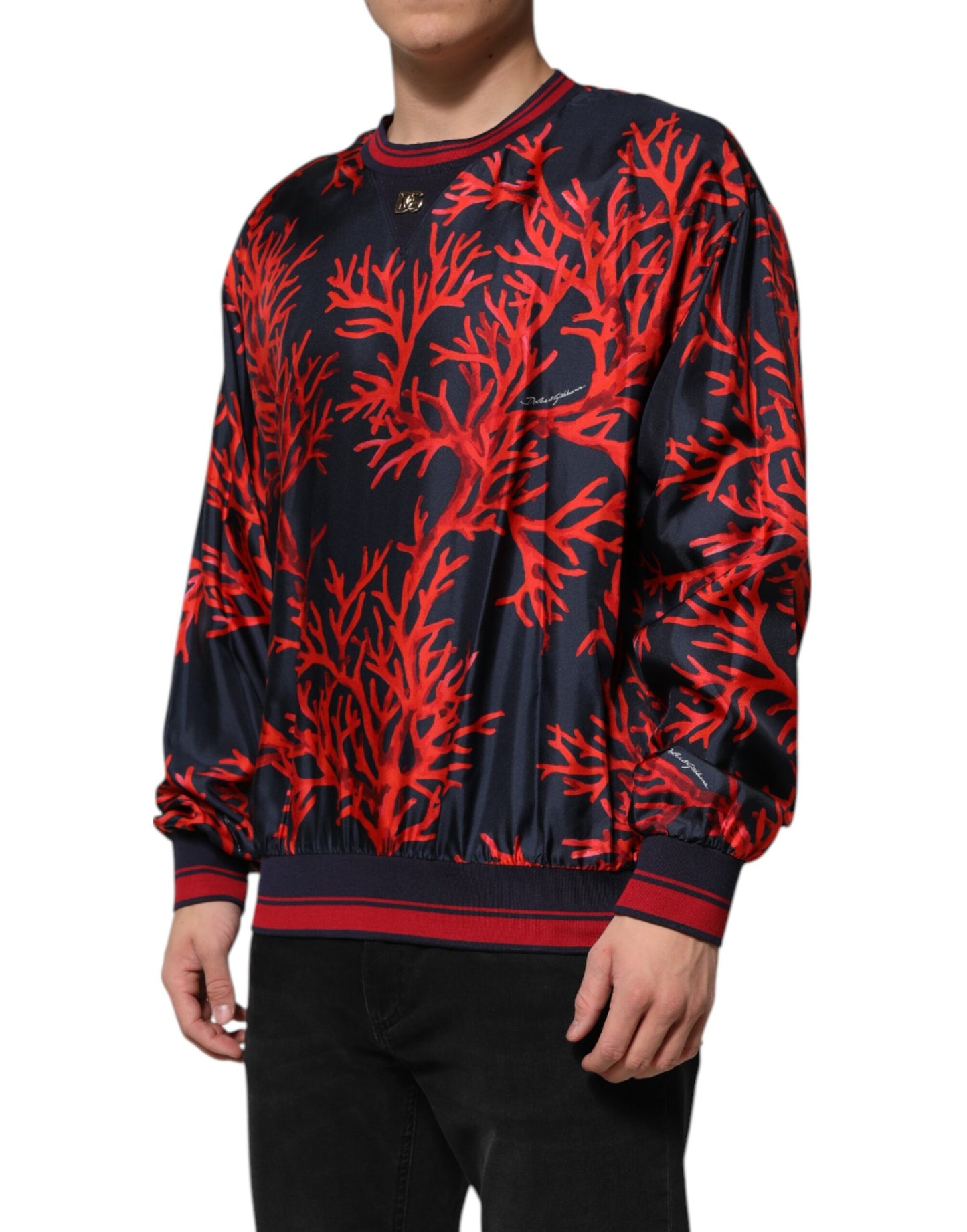 Dolce & Gabbana Navy Red Silk Coral Print Pullover Sweater
