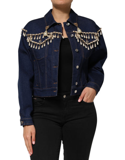 Dolce & Gabbana Blue Cotton Denim Crystal Embellished Jacket