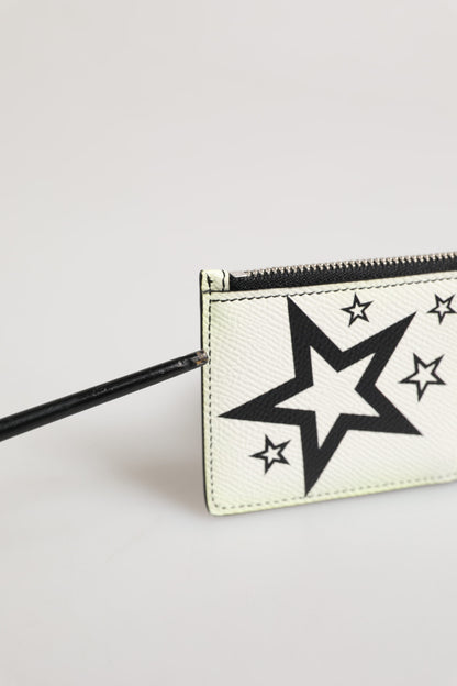Dolce & Gabbana White Leather Douphin DG Logo Star Print Card Holder Wallet