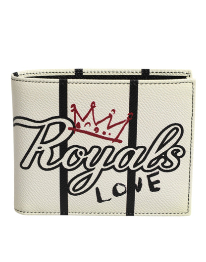 Dolce & Gabbana White Leather DG Crown Royals Bifold Card Holder Wallet
