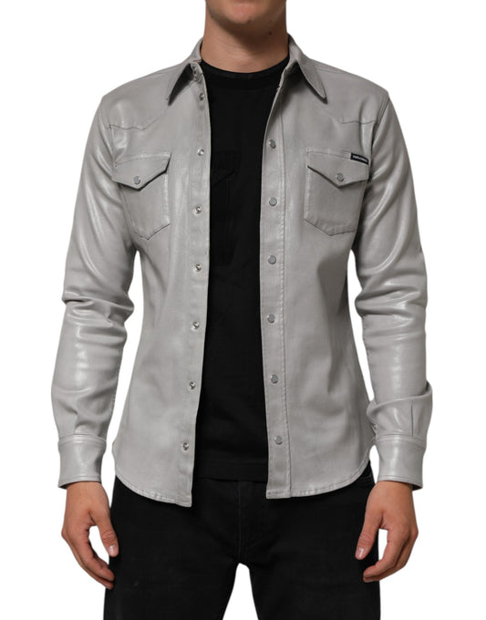 Dolce & Gabbana Gray Coated Cotton Snap Button Logo Men Shirt