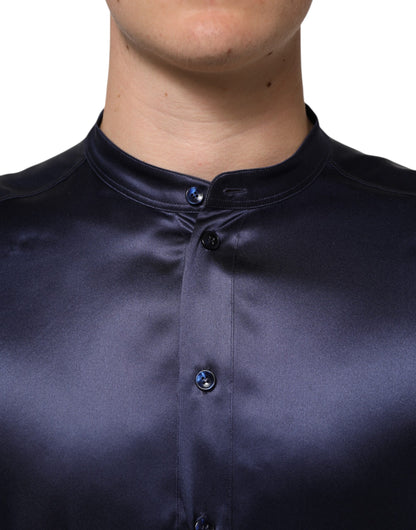 Dolce & Gabbana Navy Silk Long Sleeve Mandarin Collar Shirt