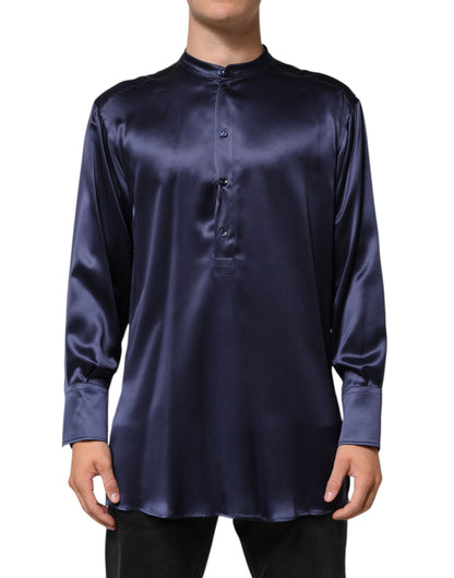 Dolce & Gabbana Navy Silk Long Sleeve Mandarin Collar Shirt