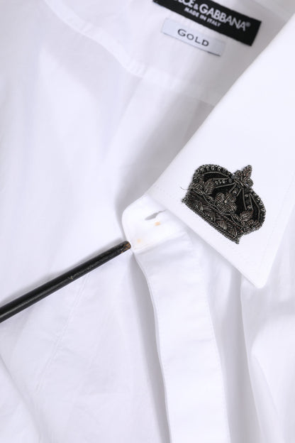 Dolce & Gabbana White Cotton Crown Collar GOLD Formal Shirt