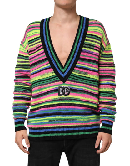 Dolce & Gabbana Multicolor DG Logo V-Neck Knit Pullover Sweater