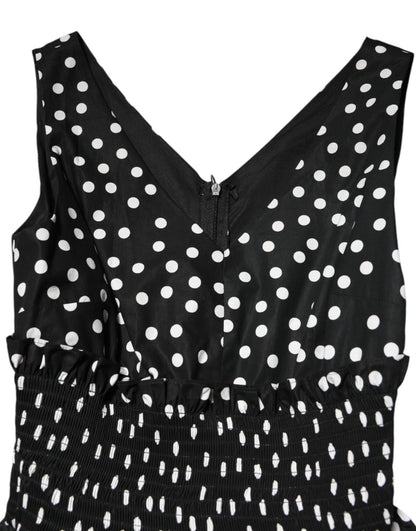 Dolce & Gabbana Black White Cotton Polka Dot Print V Neck Dress