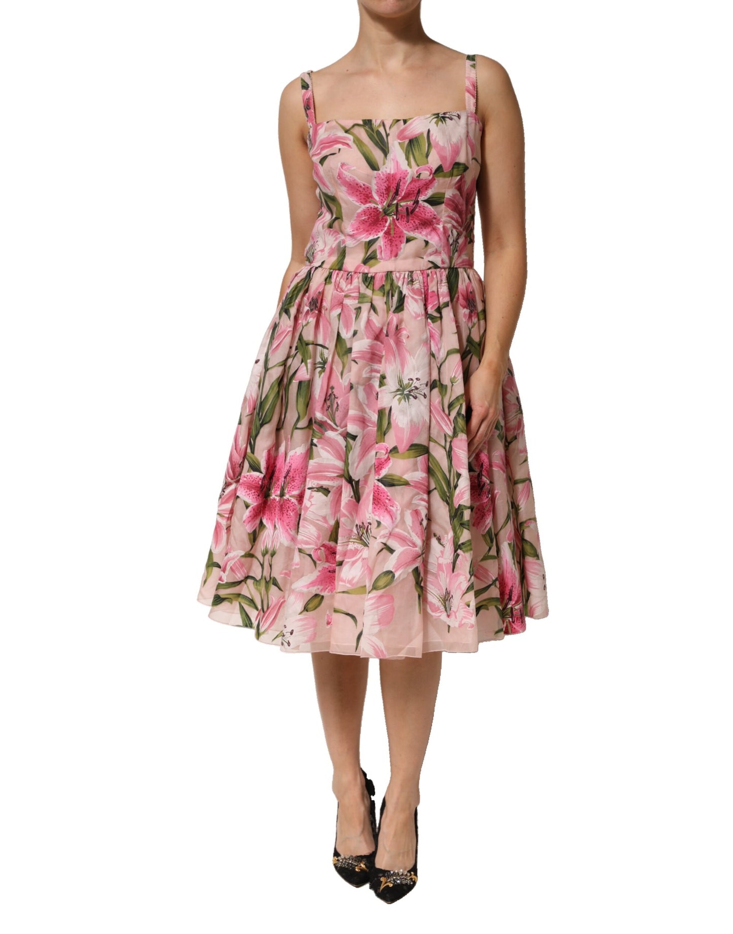 Dolce & Gabbana Pink Floral Lily Print Midi Sleeveless Dress