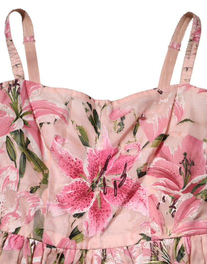 Dolce & Gabbana Pink Cotton Floral Pleated Sleeveless Dress