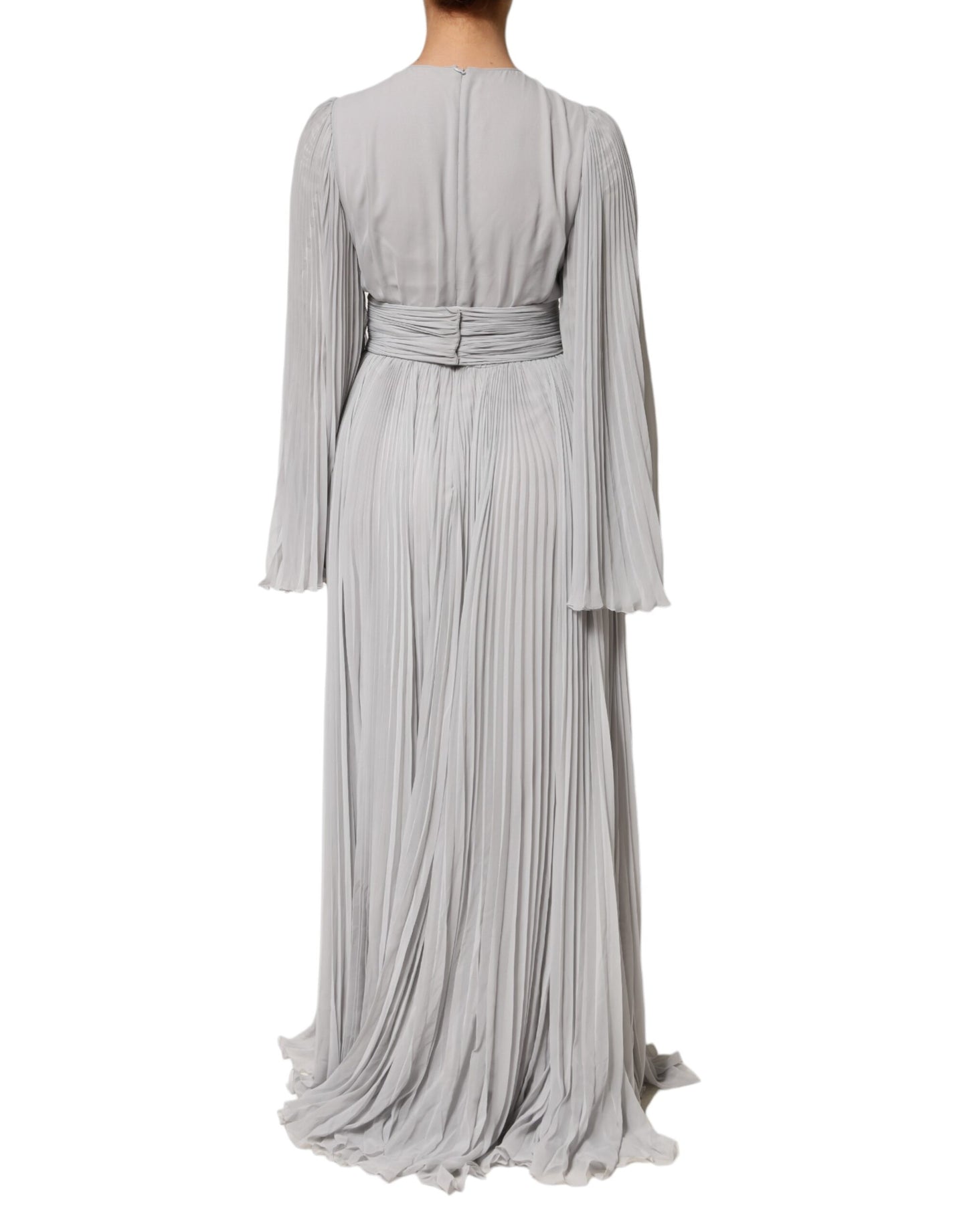 Dolce & Gabbana Grey Pleated Maxi Long Sleeve Silk Blend Gown Dress
