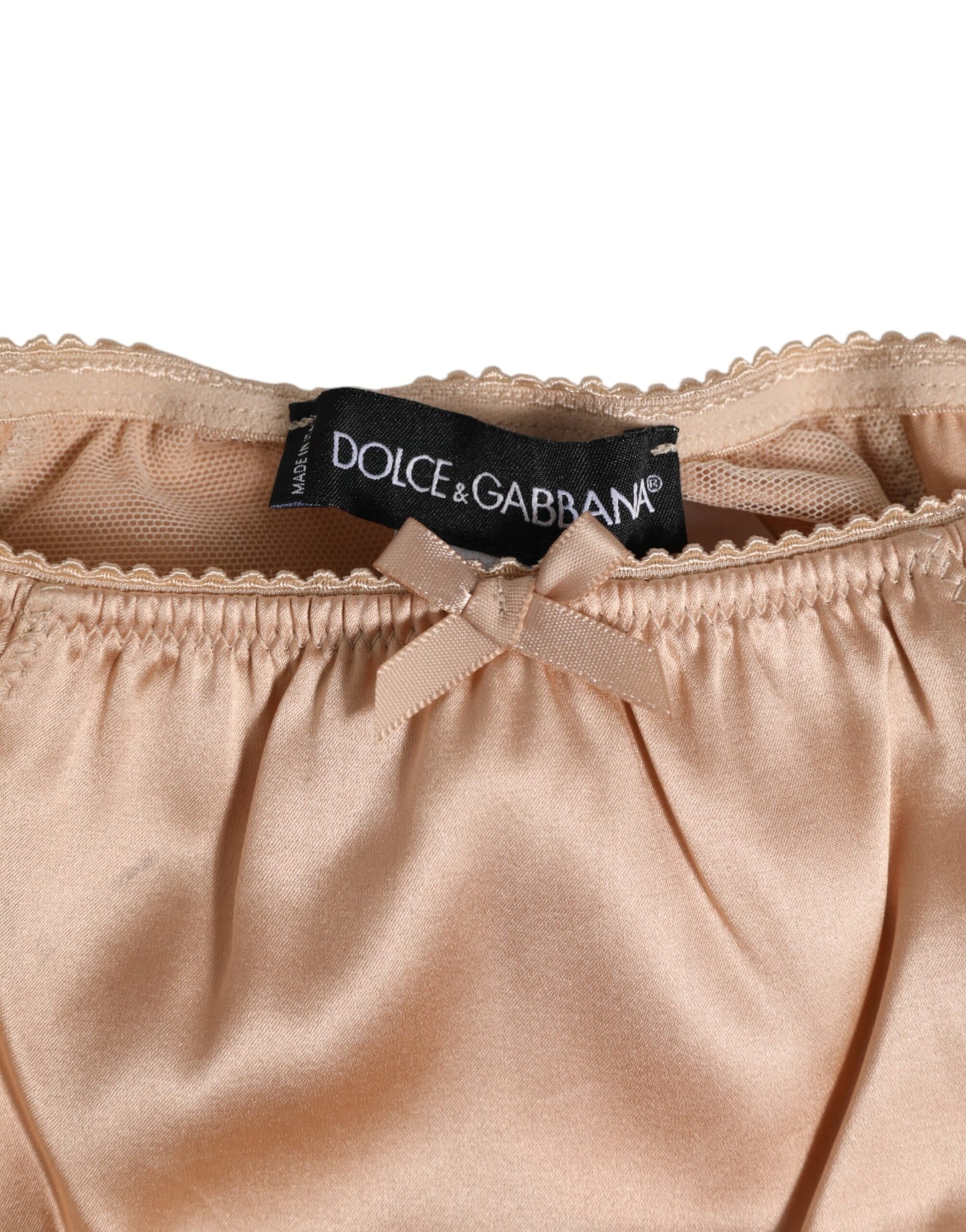 Dolce & Gabbana Nude Beige Silk Satin Bow Lace Trim Underwear