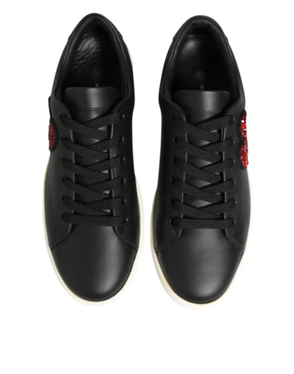 Dolce & Gabbana Black White Leather Crystal Heart Sneakers Shoes