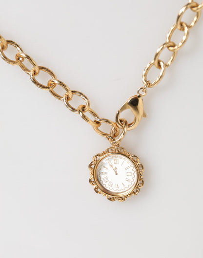 Dolce & Gabbana Gold Crystal Clock Face Pendant Statement Jewelry Necklace