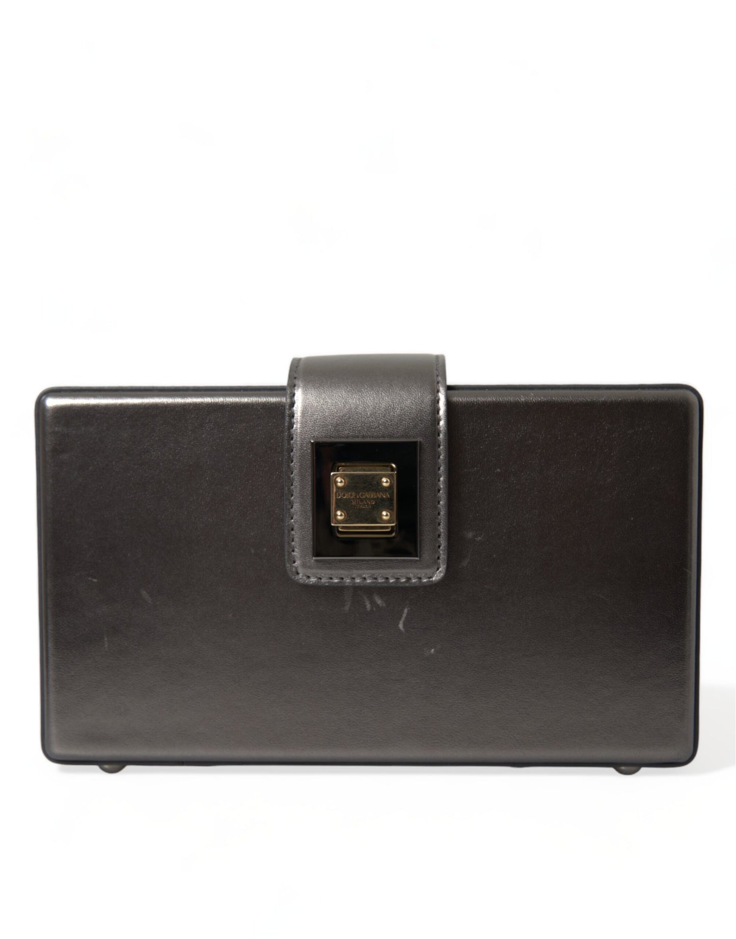 Dolce & Gabbana Steel Gray Leather Box Shape Shoulder Gold DG Logo Plaque Bag