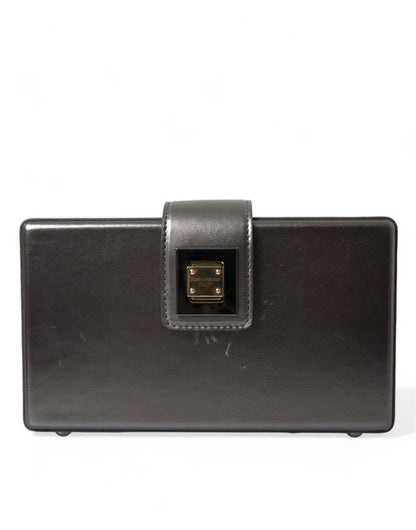 Dolce & Gabbana Steel Gray Leather Box Shape Shoulder Gold DG Logo Plaque Bag