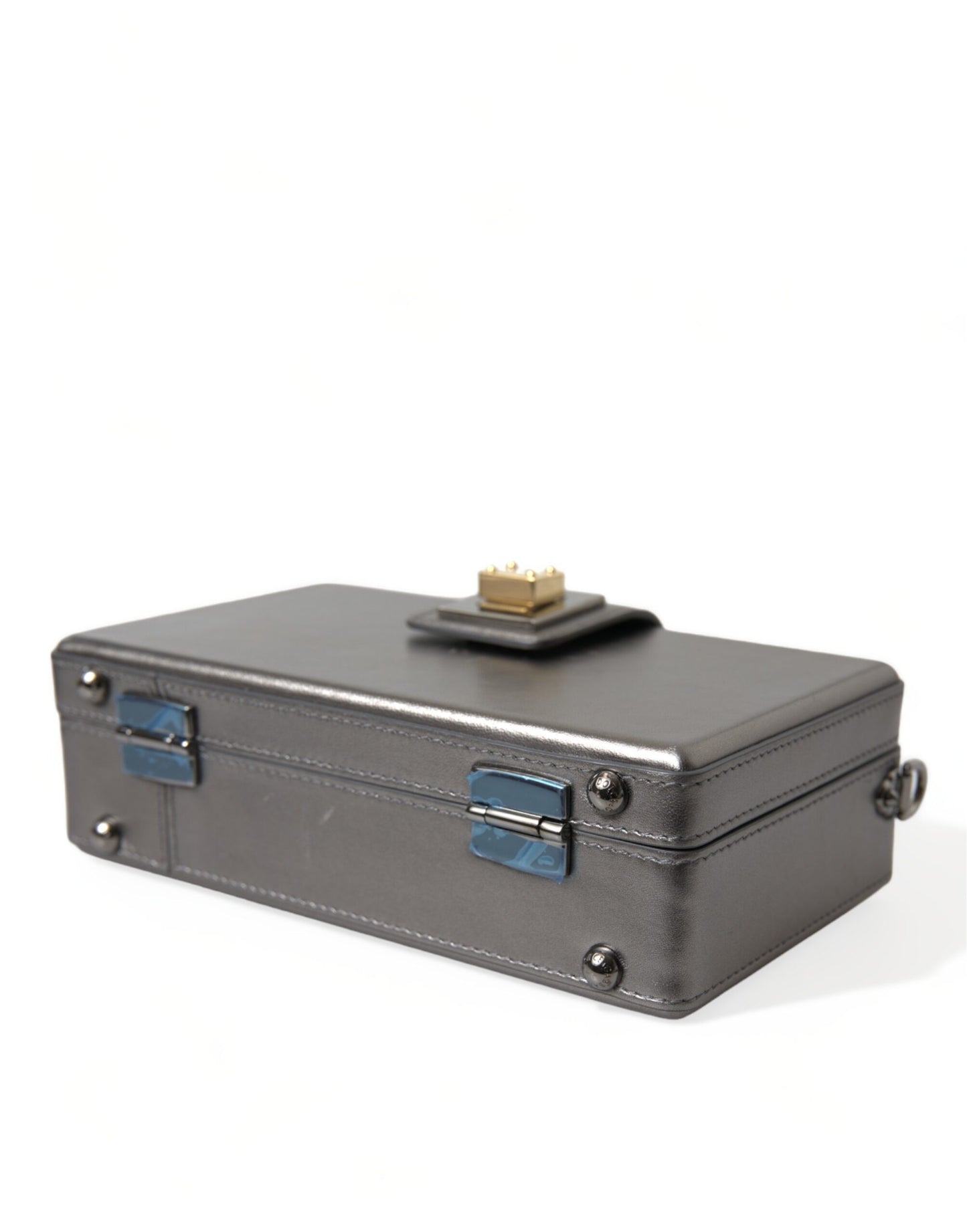 Dolce & Gabbana Steel Gray Leather Box Shape Shoulder Gold DG Logo Plaque Bag