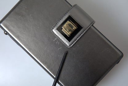 Dolce & Gabbana Steel Gray Leather Box Shape Shoulder Gold DG Logo Plaque Bag