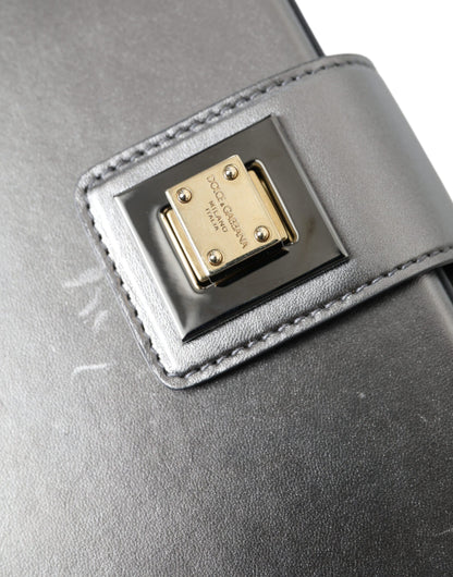 Dolce & Gabbana Steel Gray Leather Box Shape Shoulder Gold DG Logo Plaque Bag