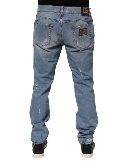 Dolce & Gabbana Blue Tattered Slim Fit Cotton Denim Jeans