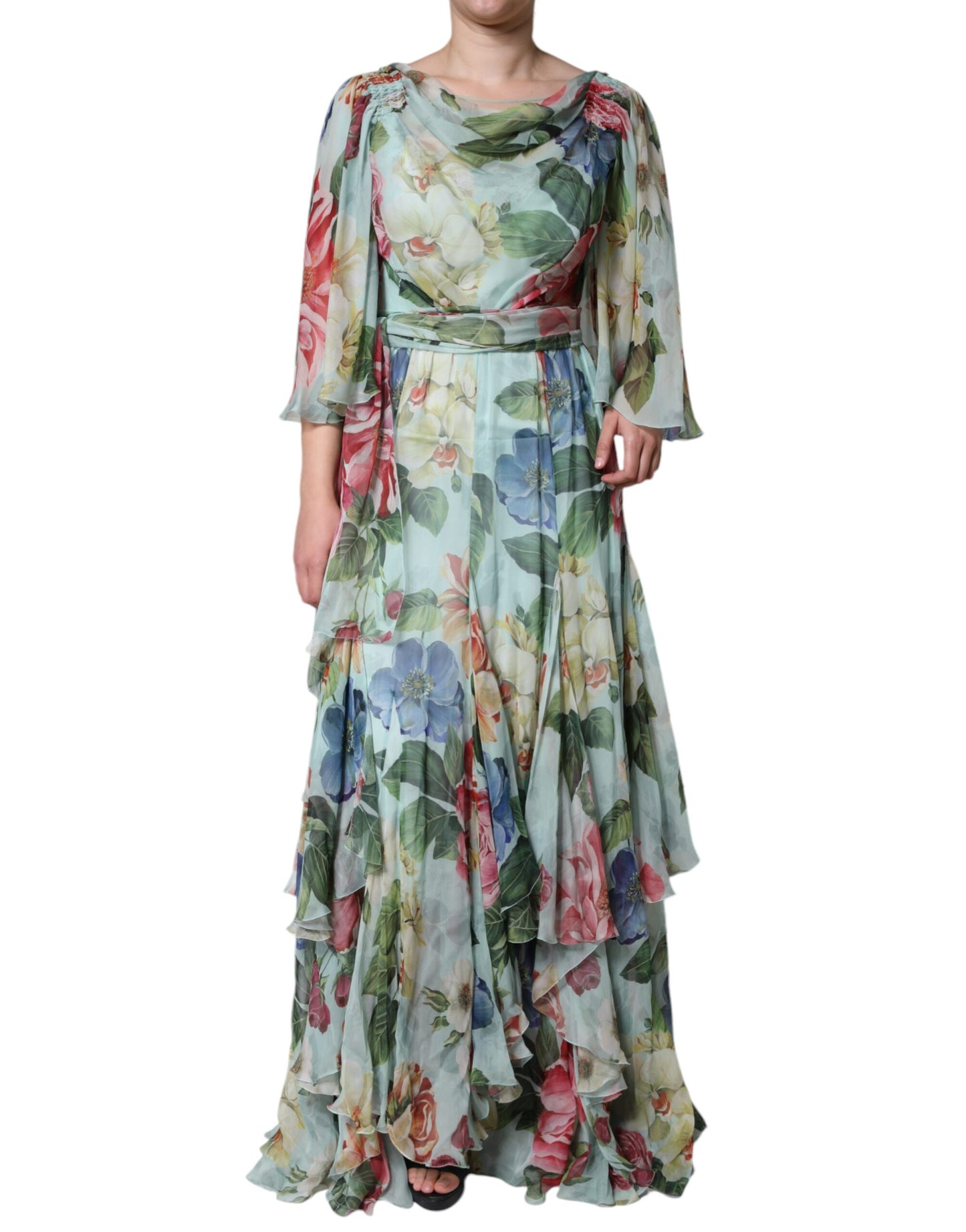 Dolce & Gabbana Blue Floral Print Tiered Long Maxi Dress