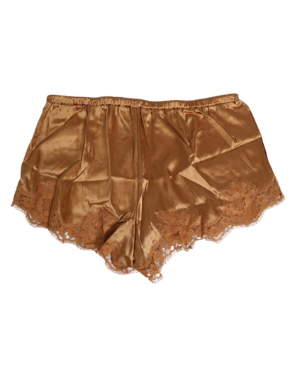 Dolce & Gabbana Brown Silk Satin Floral Lace Shorts Underwear