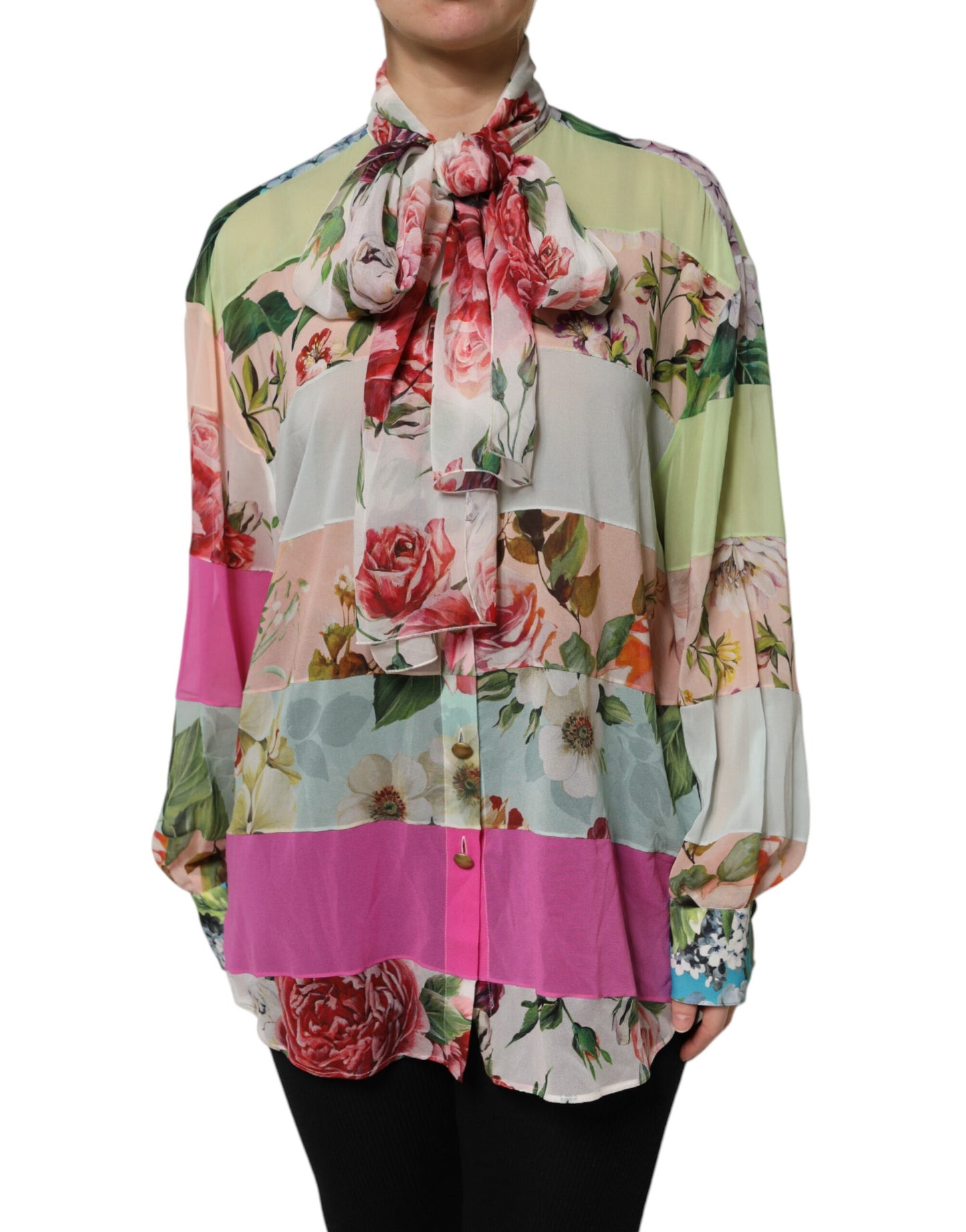 Dolce & Gabbana Multicolor Floral Patchwork Ascot Collar Top