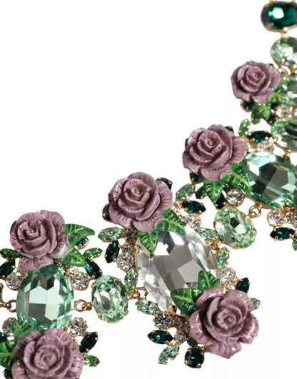 Dolce & Gabbana Gold Brass Link Chain Rose Petal Crystal Necklace