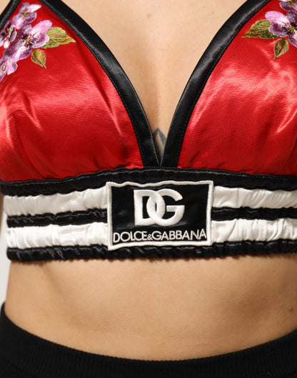 Dolce & Gabbana Red Satin Floral Embroidered Bralette Crop Top