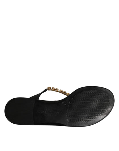 Dolce & Gabbana Black Crystals Flats Sandals Beachwear Shoes