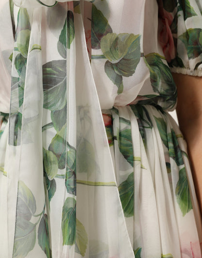 Dolce & Gabbana White Floral Print Silk Pleated Midi Dress