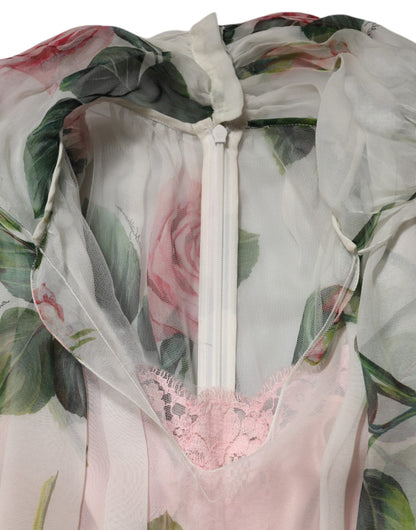 Dolce & Gabbana White Floral Print Silk Pleated Midi Dress