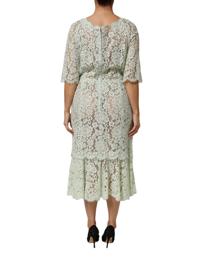 Dolce & Gabbana Mint Green Floral Lace Trim Midi Dress