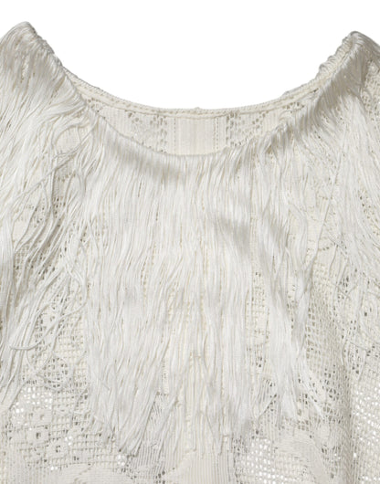 Dolce & Gabbana White Floral Lace Fringe Knee Length Dress