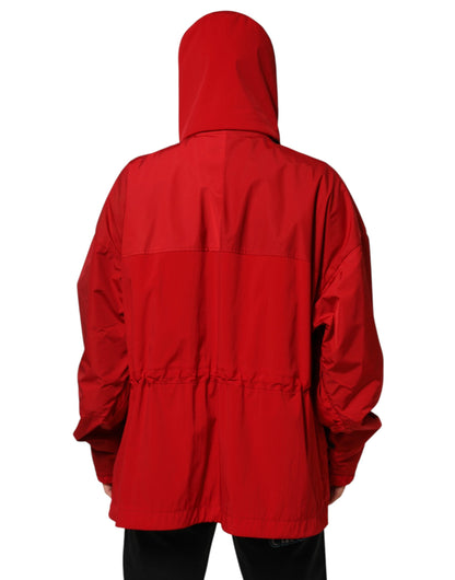 Dolce & Gabbana Red Nylon Hooded Men Full Zip Parka Jacket