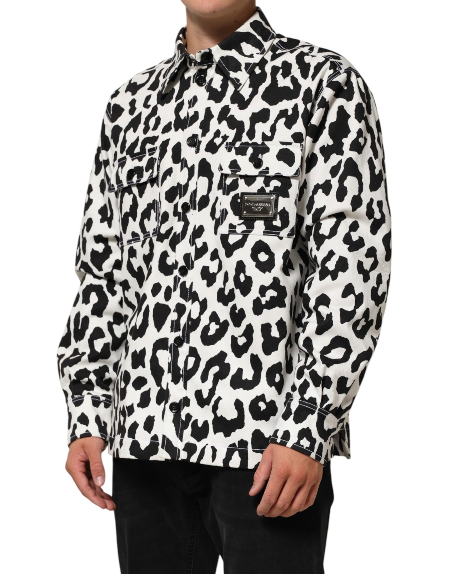 Dolce & Gabbana Black White Leopard Denim Blouson Sweater