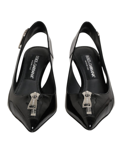Dolce & Gabbana Black Zipper Leather Heels Slingbacks Shoes
