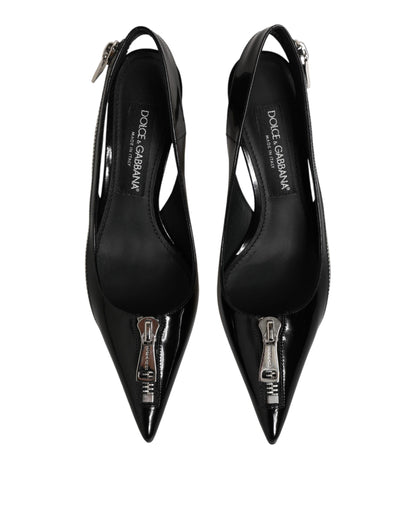 Dolce & Gabbana Black Zipper Leather Heels Slingbacks Shoes