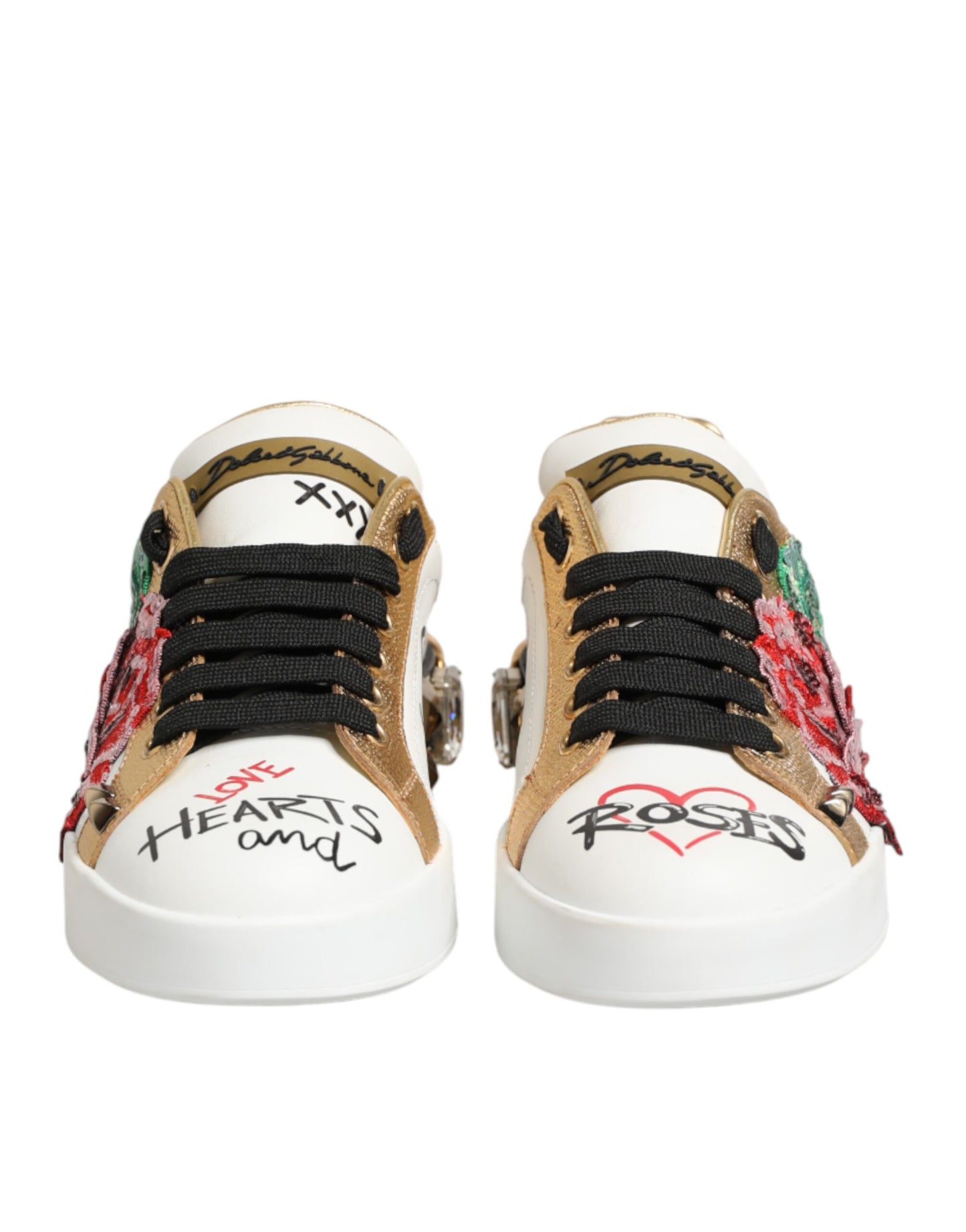 Dolce & Gabbana White Leather Floral Studded Sneakers Shoes